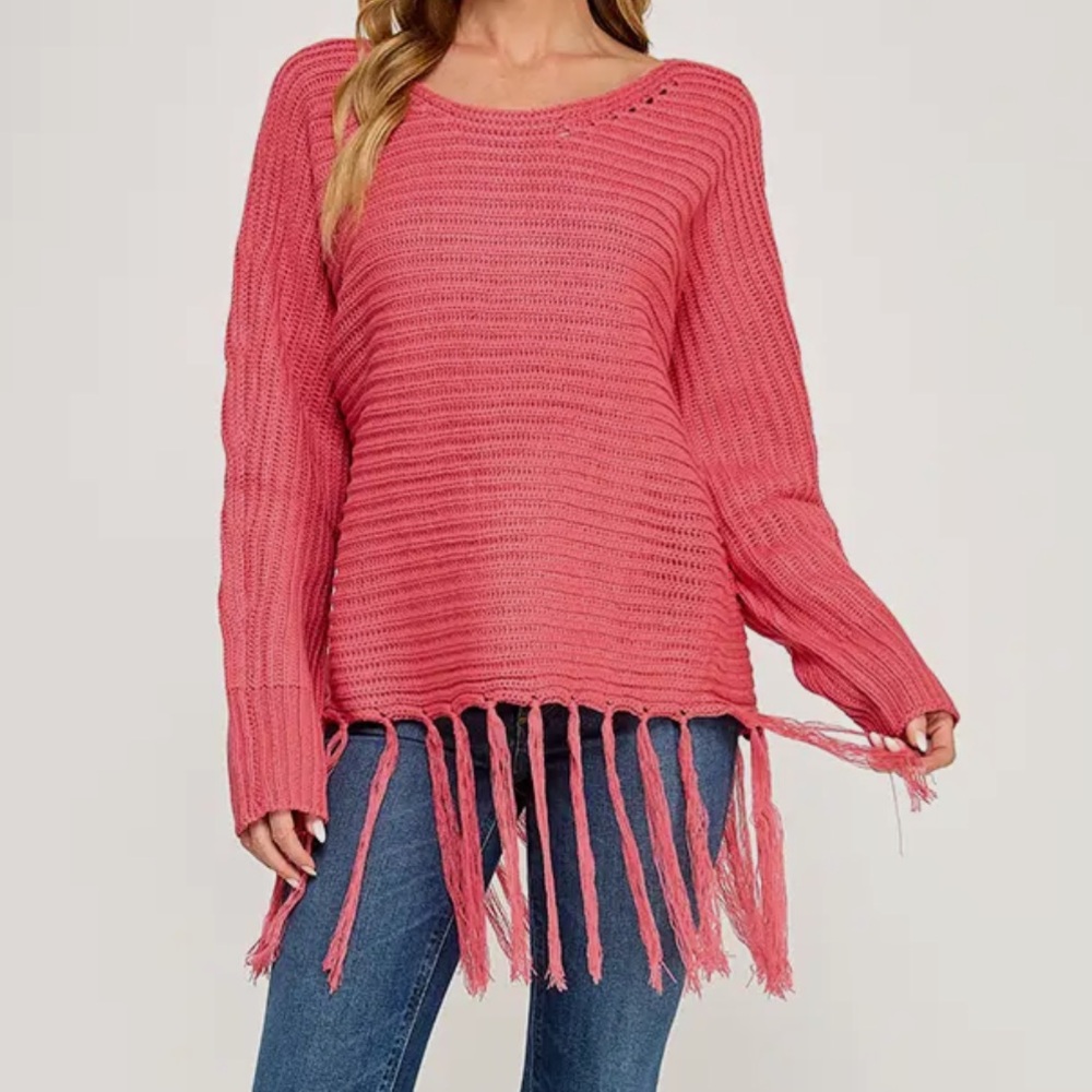 ShopEvelynne Coral Fringe Hem Sweater